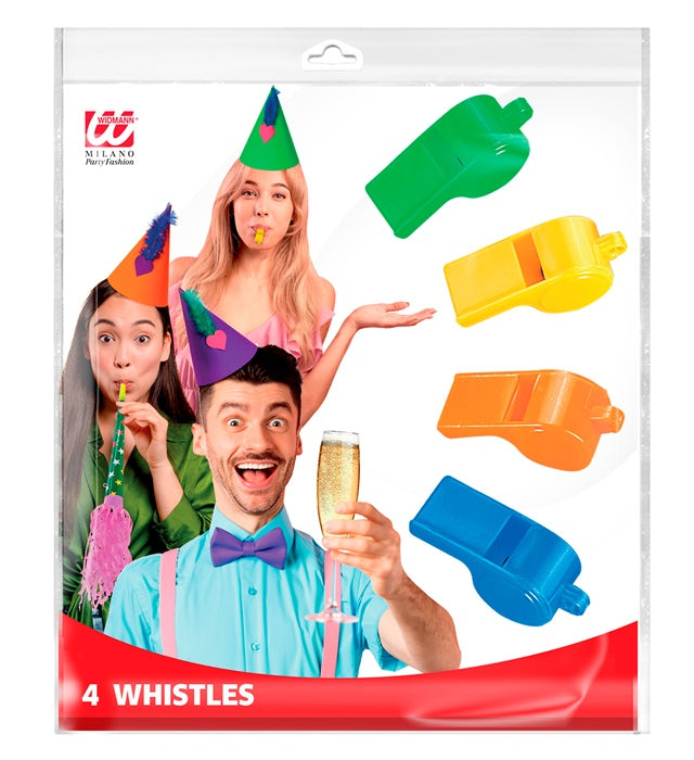 Set von 4 bunten Trillerpfeifen in verschiedenen Farben für Fasnacht und Karneval