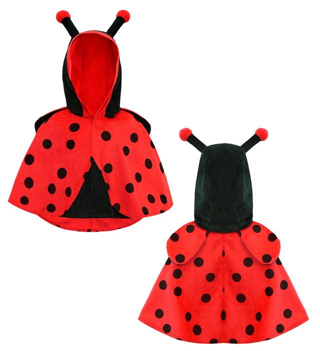 Kinderkostüm Marienkäfer Poncho aus rotem Plüsch mit schwarzen Punkten und Kapuze mit Fühlern