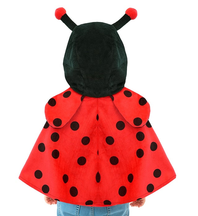 Kinderkostüm Marienkäfer Poncho aus rotem Plüsch mit schwarzen Punkten und Kapuze mit Fühlern