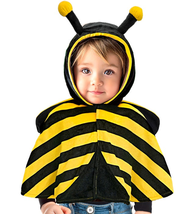 Bienen-Kostüm aus Plüsch mit Kapuzen-Poncho in schwarz-gelb für Fasnacht