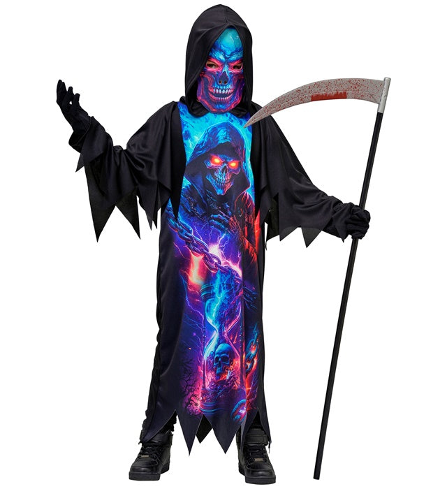 Leuchtendes Neon Sensemann-Kostüm mit Kapuze und Maske für Fasnacht