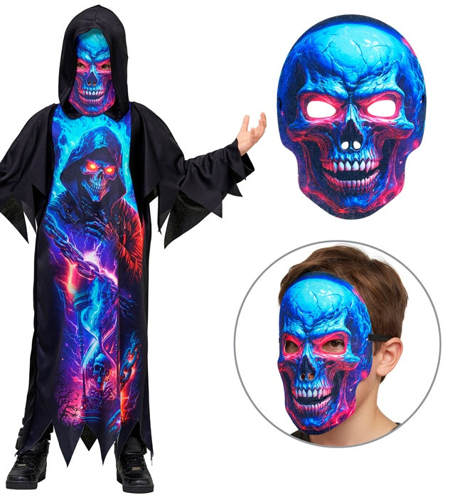 Leuchtendes Neon Sensemann-Kostüm mit Kapuze und Maske für Fasnacht
