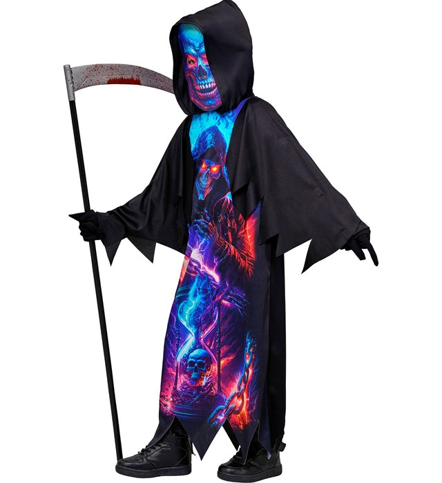 Leuchtendes Neon Sensemann-Kostüm mit Kapuze und Maske für Fasnacht