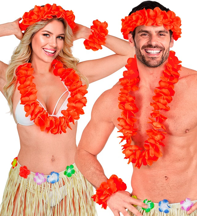 Rotes Hawaii-Set bestehend aus Halskette, Stirnband und Armband für Fasnacht und Karneval