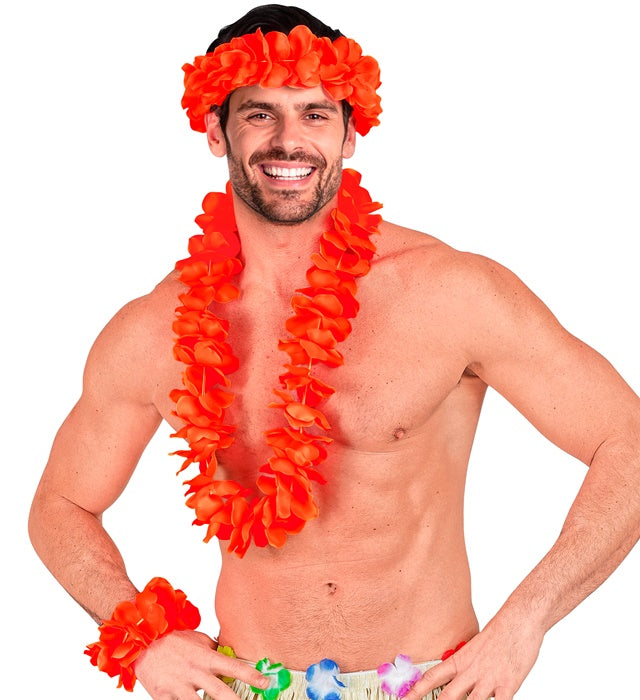 Rotes Hawaii-Set bestehend aus Halskette, Stirnband und Armband für Fasnacht und Karneval