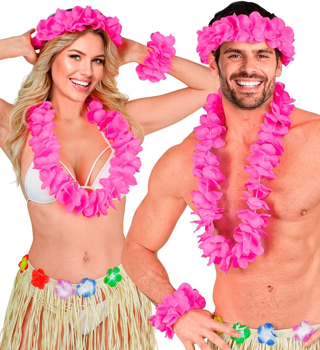 Pinkes Hawaii-Set mit Halskette, Stirnband und Armband für Fasnacht und Mottoparty
