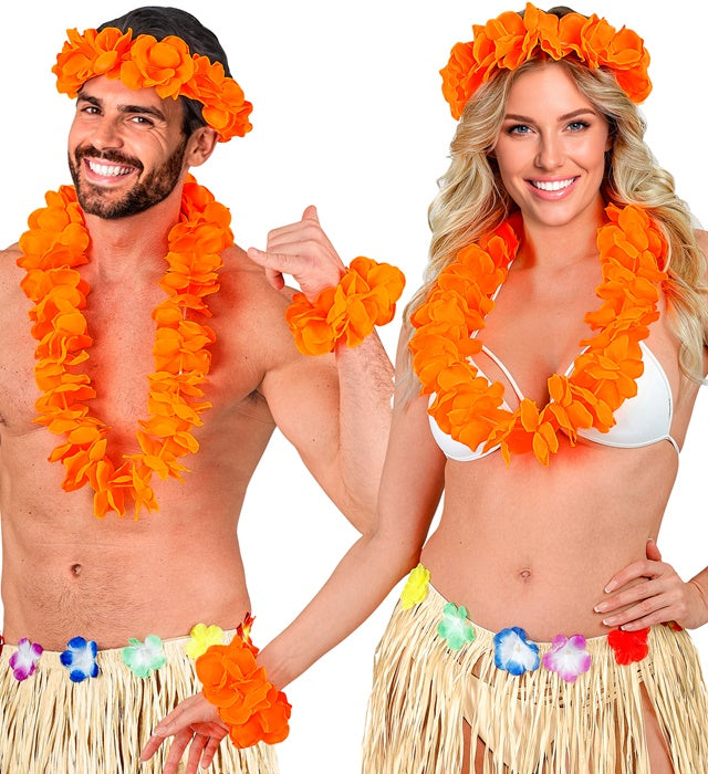 Orangenes Hawaii-Set bestehend aus Halskette, Stirnband und Armband
