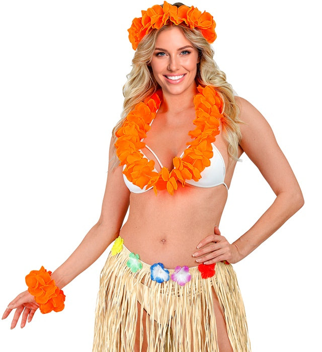 Orangenes Hawaii-Set bestehend aus Halskette, Stirnband und Armband
