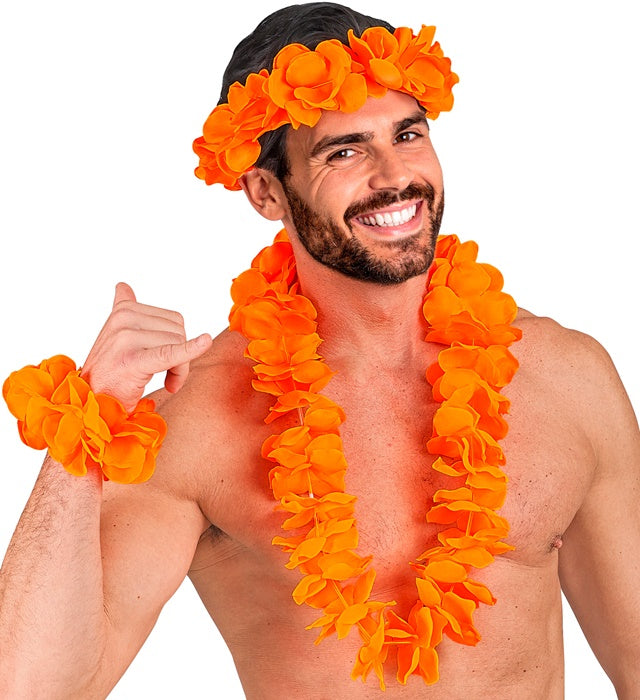 Orangenes Hawaii-Set bestehend aus Halskette, Stirnband und Armband