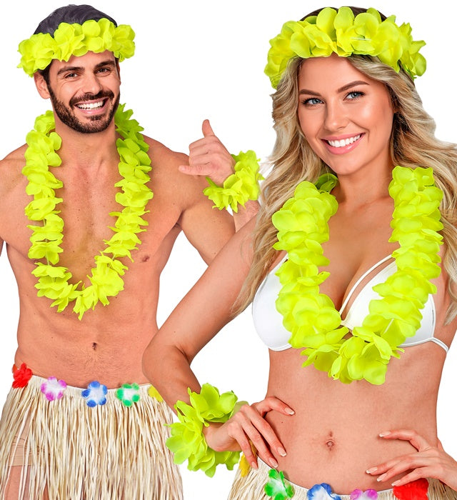 Gelbes Hawaii-Set bestehend aus Halskette, Stirnband und Armband