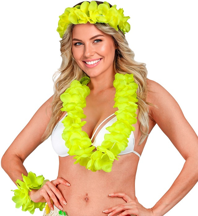 Gelbes Hawaii-Set bestehend aus Halskette, Stirnband und Armband