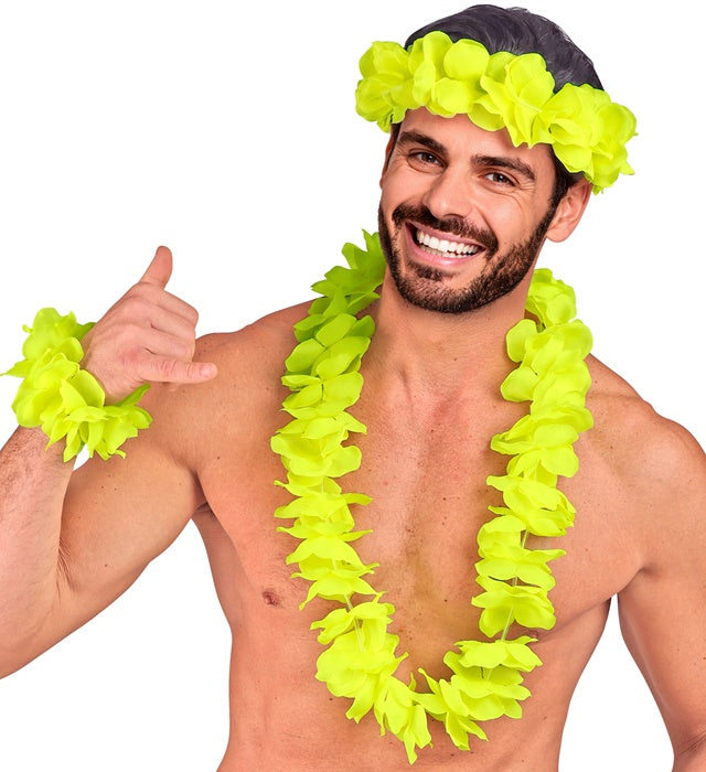 Gelbes Hawaii-Set bestehend aus Halskette, Stirnband und Armband
