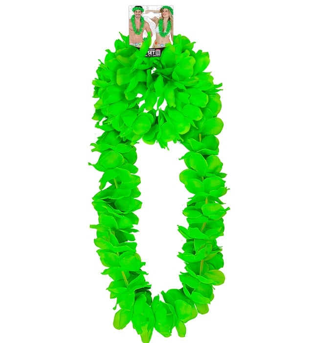 Grünes Hawaii-Set mit Halskette, Stirnband und Armband auf weißem Hintergrund