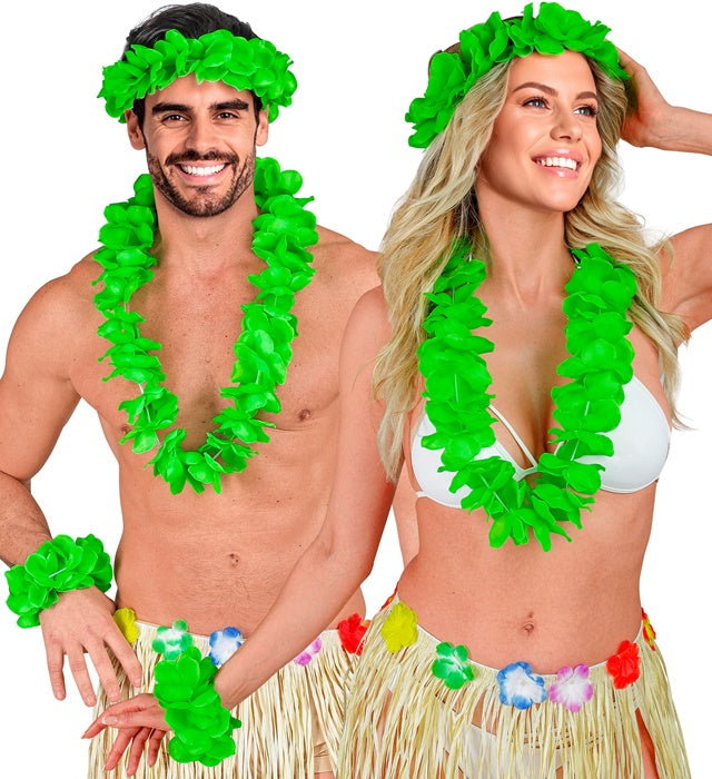 Grünes Hawaii-Set mit Halskette, Stirnband und Armband für Fasnacht und Karneval