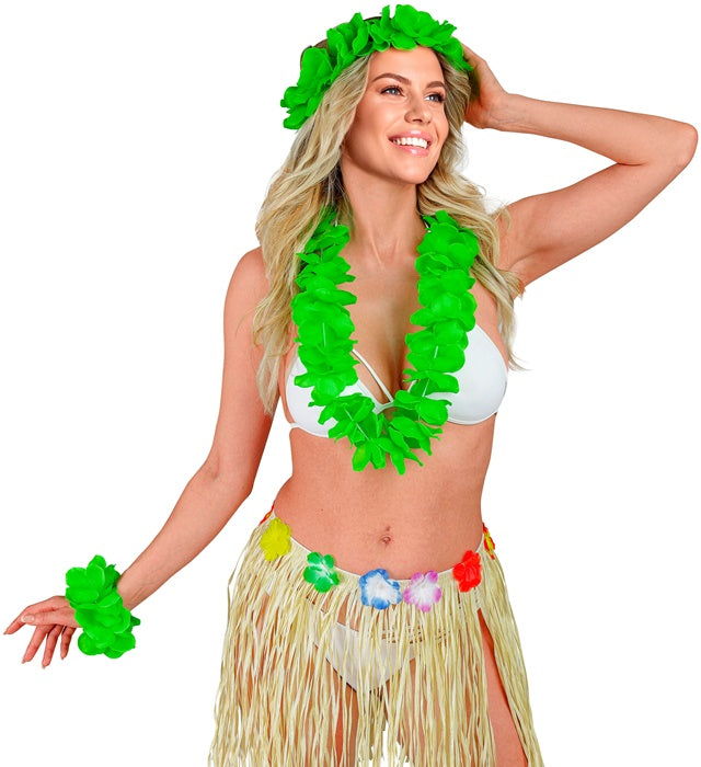 Grünes Hawaii-Set mit Halskette, Stirnband und Armband für Fasnacht und Karneval