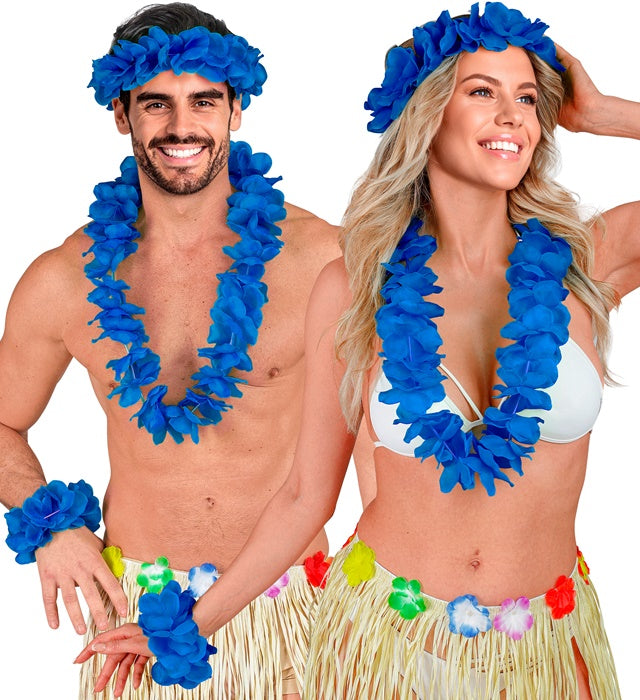 Blaues Hawaii-Set mit Halskette, Stirnband und Armband für Fasnacht und Karneval
