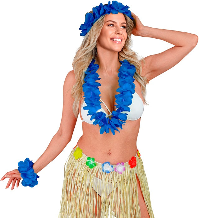 Blaues Hawaii-Set mit Halskette, Stirnband und Armband für Fasnacht und Karneval