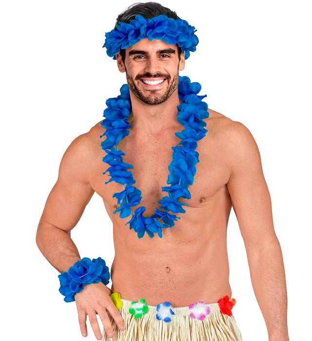 Blaues Hawaii-Set mit Halskette, Stirnband und Armband für Fasnacht und Karneval