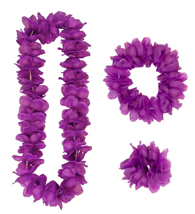 Violettes Hawaii-Set mit Halskette, Stirnband und Armband auf weißem Hintergrund