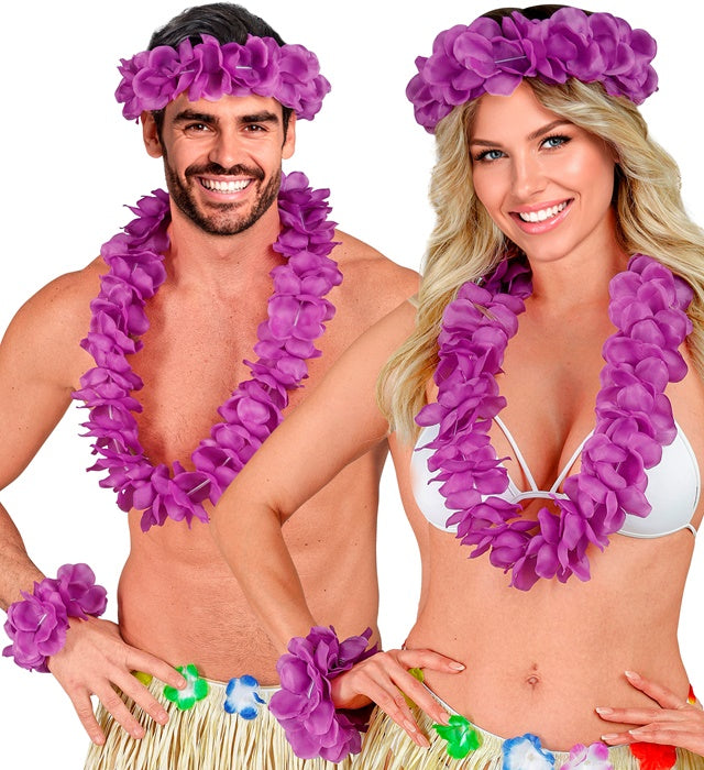 Violettes Hawaii-Set mit Halskette, Stirnband und Armband auf weißem Hintergrund
