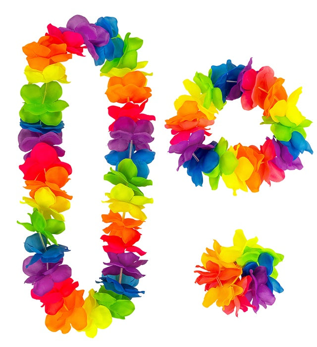 Buntes Hawaii-Set mit Halskette, Stirnband und Armband für Fasnacht