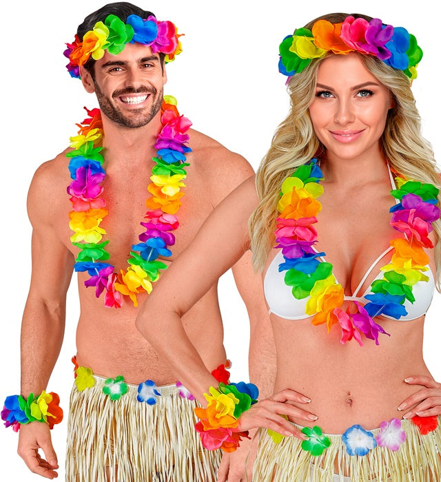 Buntes Hawaii-Set mit Halskette, Stirnband und Armband für Fasnacht