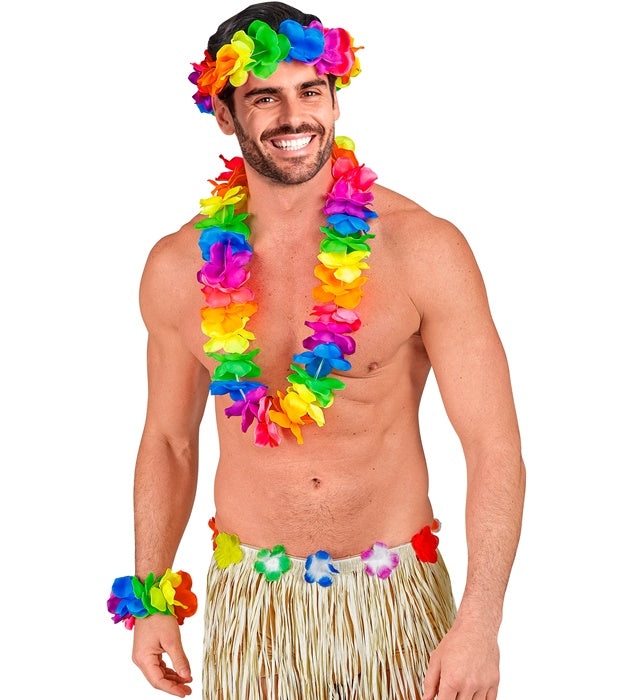 Buntes Hawaii-Set mit Halskette, Stirnband und Armband für Fasnacht