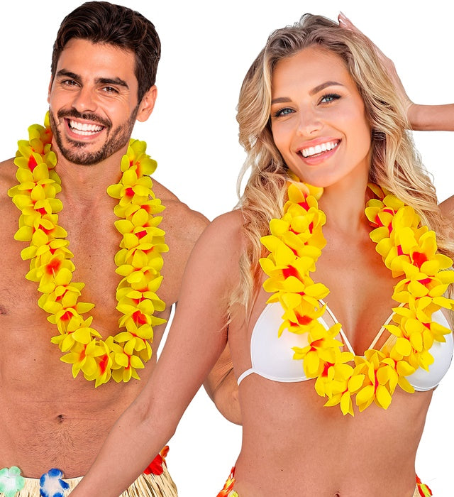 Gelbe Hawaii-Kette mit tropischen Blüten als Fasnacht- und Karneval-Accessoire