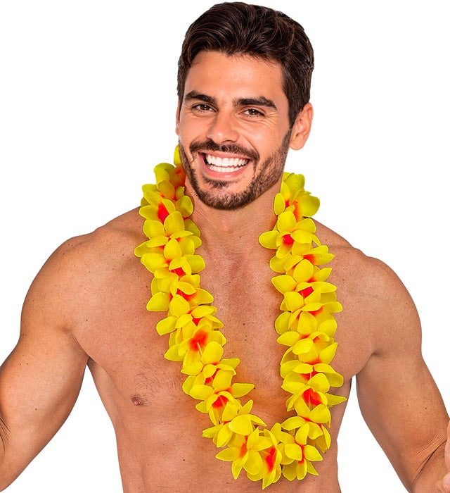 Gelbe Hawaii-Kette mit tropischen Blüten als Fasnacht- und Karneval-Accessoire