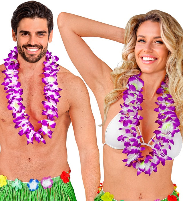 Violette Hawaiikette mit Kunststoffblumen als Fasnacht- und Karneval-Accessoire