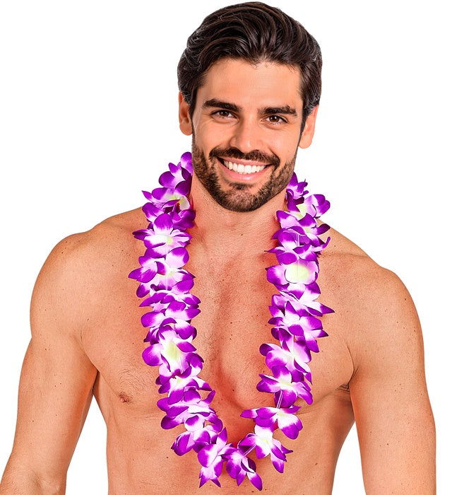 Violette Hawaiikette mit Kunststoffblumen als Fasnacht- und Karneval-Accessoire