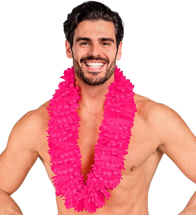 Pinkfarbene Hawaiikette aus Kunststoffblüten für Fasnacht und Karneval