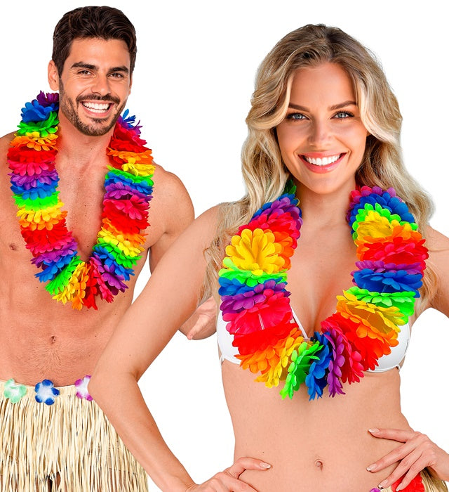 Bunte Hawaiikette mit farbigen Blumen auf weißem Hintergrund