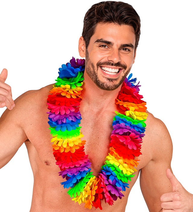 Bunte Hawaiikette mit farbigen Blumen auf weißem Hintergrund