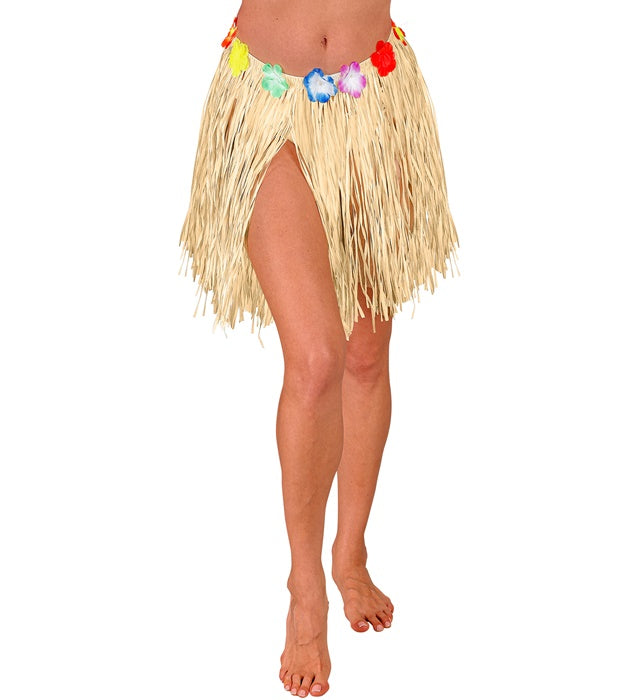 Naturfarbener Hawaii Bastrock mit farbigem Blumengürtel, 40 cm lang