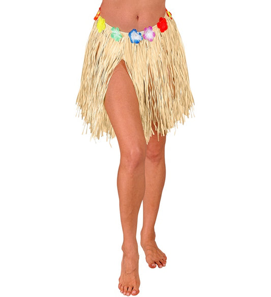 Naturfarbener Hawaii Bastrock mit farbigem Blumengürtel, 40 cm lang