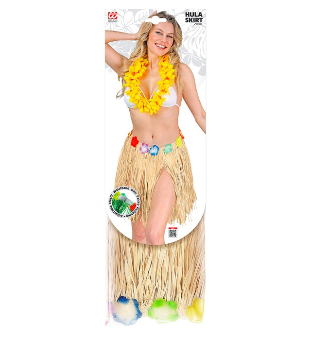 Naturfarbener Hawaii Bastrock mit farbigem Blumengürtel, 40 cm lang