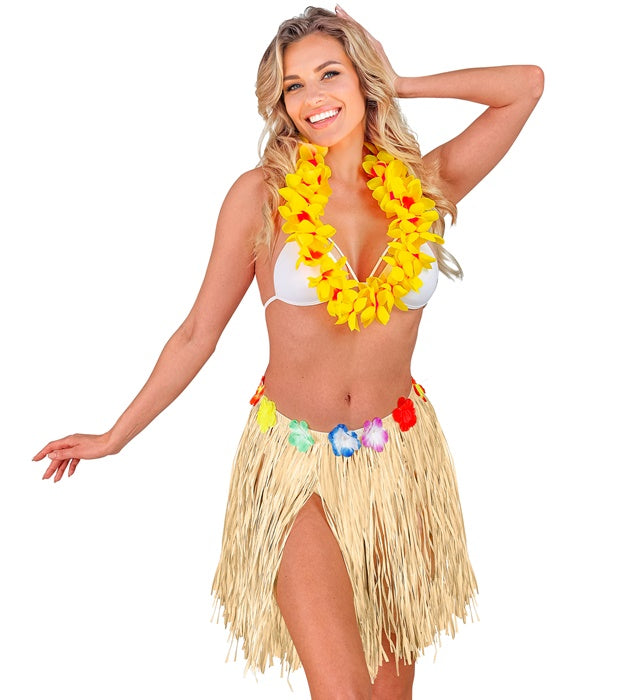 Naturfarbener Hawaii Bastrock mit farbigem Blumengürtel, 40 cm lang