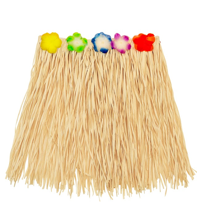 Naturfarbener Hawaii Bastrock mit farbigem Blumengürtel, 40 cm lang