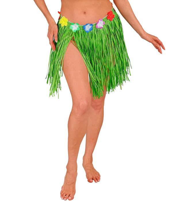 Grüner Hawaii Bastrock mit Blumengürtel, 40 cm Länge, größenverstellbar
