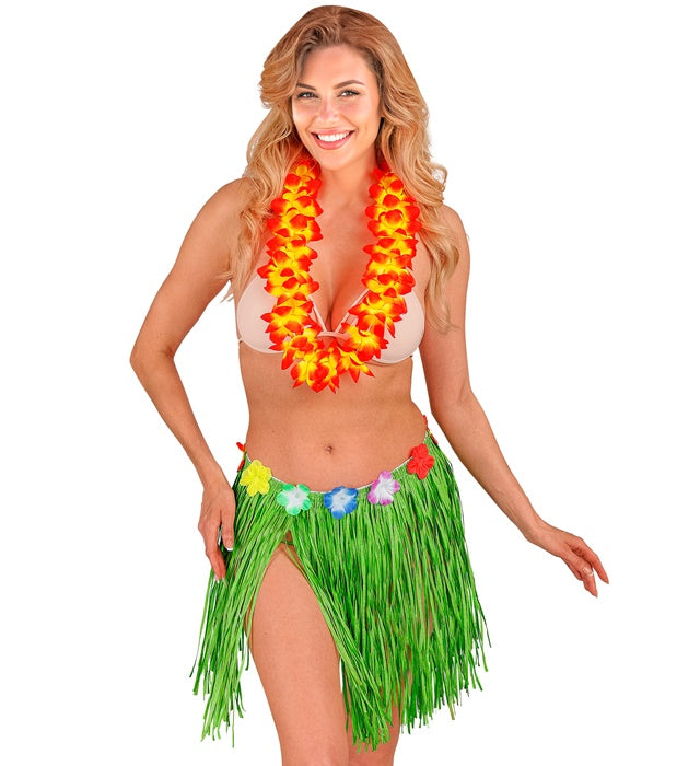 Grüner Hawaii Bastrock mit Blumengürtel, 40 cm Länge, größenverstellbar
