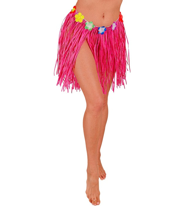 Pinker Hawaii Bastrock mit farbigem Blumengürtel, 40 cm Länge