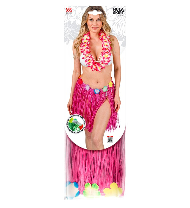 Pinker Hawaii Bastrock mit farbigem Blumengürtel, 40 cm Länge