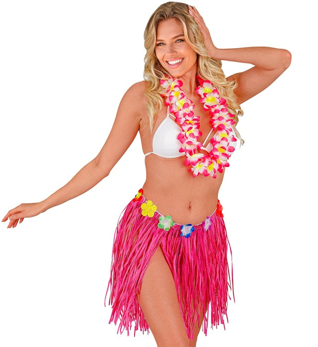 Pinker Hawaii Bastrock mit farbigem Blumengürtel, 40 cm Länge
