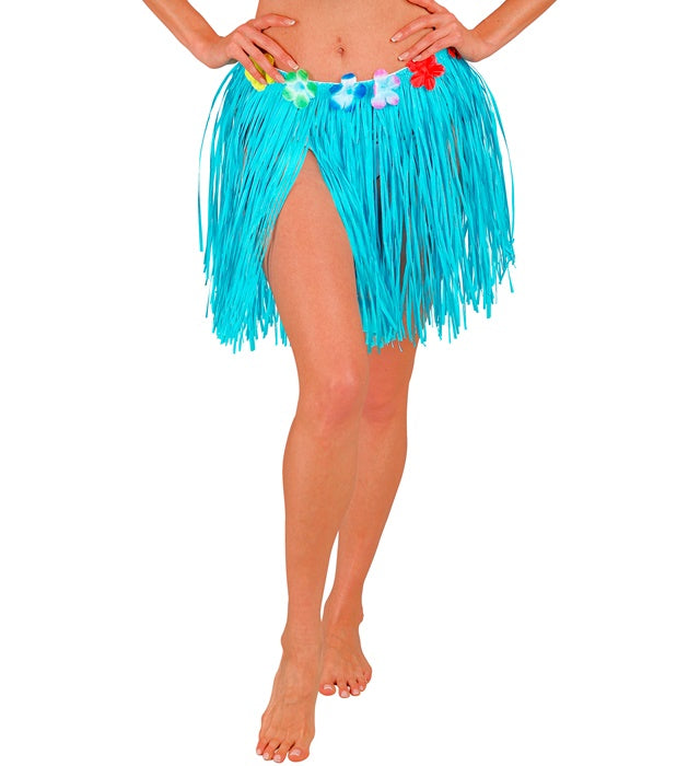 Hellblauer Hawaii Bastrock mit buntem Blumengürtel, 40 cm lang