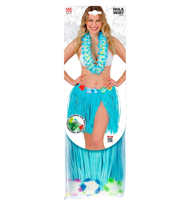 Hellblauer Hawaii Bastrock mit buntem Blumengürtel, 40 cm lang