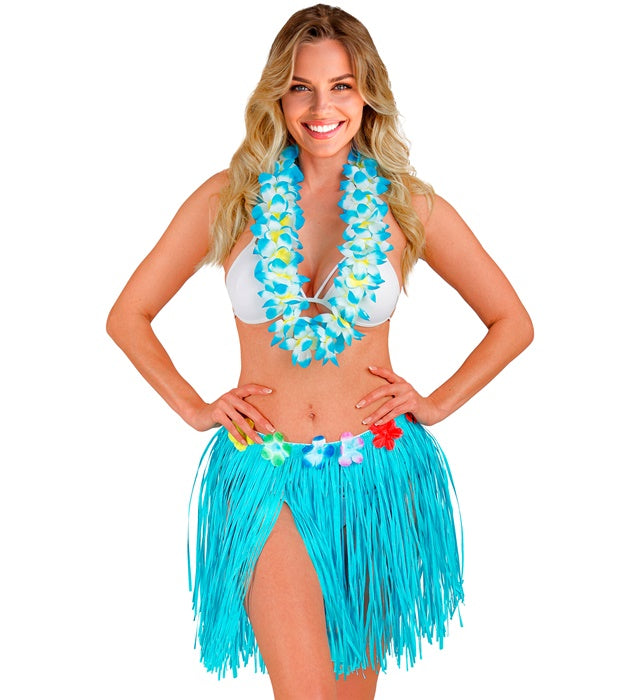 Hellblauer Hawaii Bastrock mit buntem Blumengürtel, 40 cm lang