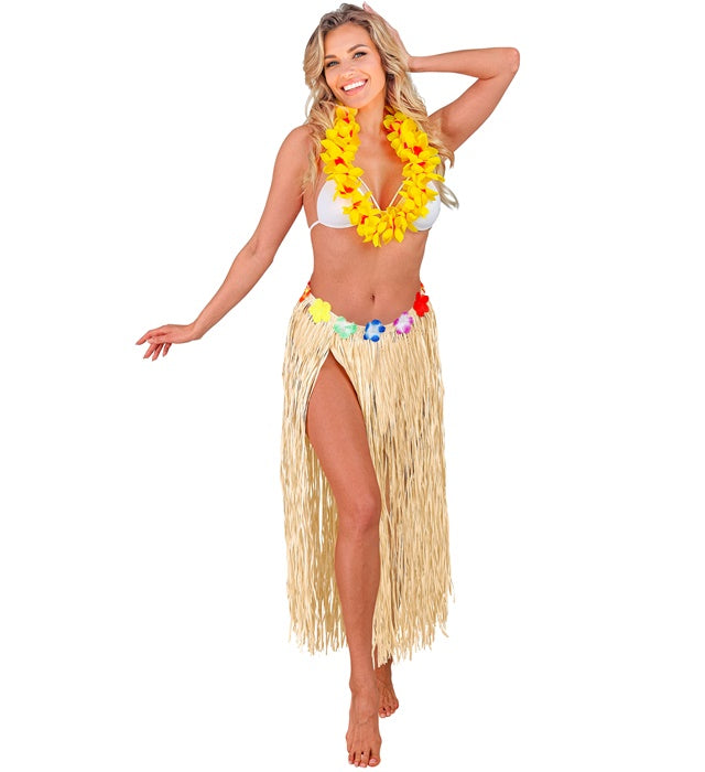 Naturfarbener Hawaii Bastrock mit farbigem Blumengürtel, 80 cm Länge