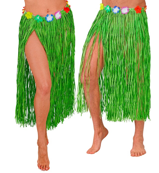 Grüner Hawaii Bastrock mit farbigem Blumengürtel, 80 cm lang