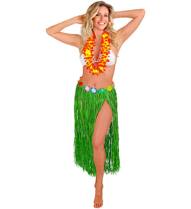 Grüner Hawaii Bastrock mit farbigem Blumengürtel, 80 cm lang
